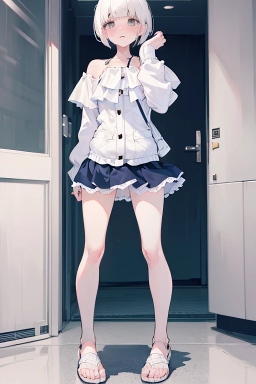 white hair, short hair, side ponytail, blunt bangs, annoyed, embarrassed, surprised, flustered, high quality, best quality, fullbody
