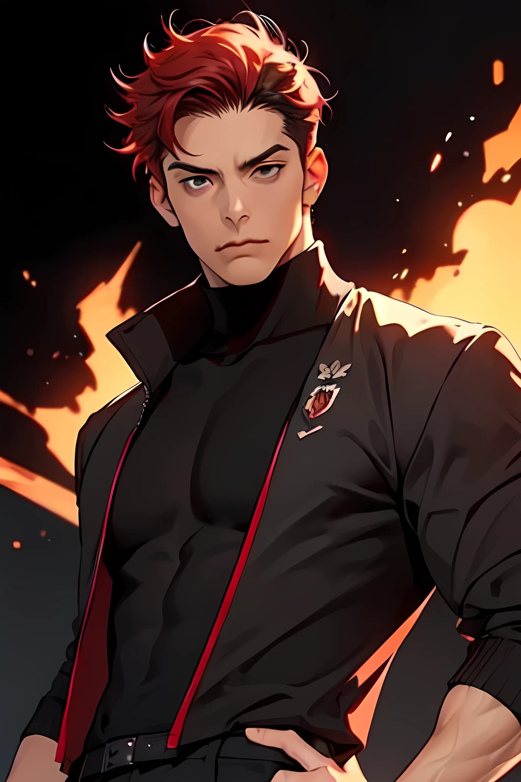 (((1 Adult man, 40 years))), ((Red hair)), ((grey eyes)), black turtleneck, black pants, Black background, Large assembly, a pumped-up body, ((half of the body, portrait)), good anatomy, (Detailed eyes, Even the eyes), serious look, predatory look, serious expression, black jacket, dynamic pose, military, captain