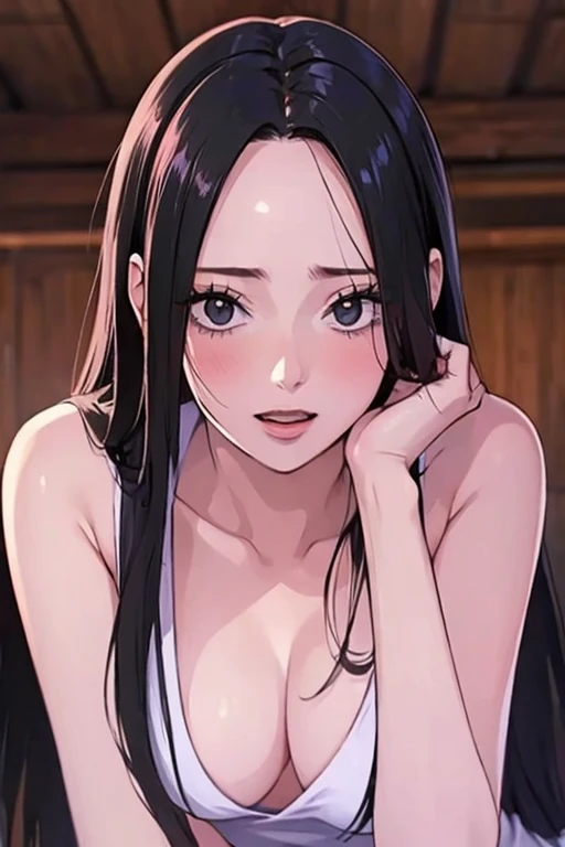 (((masterpiece))), (((best quality))), ((ultra-detailed)), (highly detailed CG illustration), Boa Hancock, , (masterpiece:1.5), Detailed Photo, Smiling, Sexy, (Best Quality: 1.4), (1girl), Beautiful Face, (Black Hair, long Hair: 1.3), Beautiful Hairstyle,  beautiful detail eyes, (realistic skin), beautiful skin, absurd, attractive, ultra high resolution, high definition, (sexually aroused:1.5), Pinkish white skin, cool white light, sexy pose, Beautiful , white background, pink soft white light, Wear a white dress