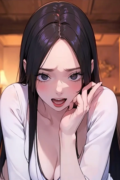 (((masterpiece))), (((best quality))), ((ultra-detailed)), (highly detailed CG illustration), Boa Hancock, , (masterpiece:1.5), Detailed Photo, Smiling, Sexy, (Best Quality: 1.4), (1girl), Beautiful Face, (Black Hair, long Hair: 1.3), Beautiful Hairstyle, beautiful detail eyes, (realistic skin), beautiful skin, absurd, attractive, ultra high resolution, high definition, (sexually aroused:1.5), Pinkish white skin, cool white light, sexy pose, Beautiful , white background, pink soft white light, Wear a white dress