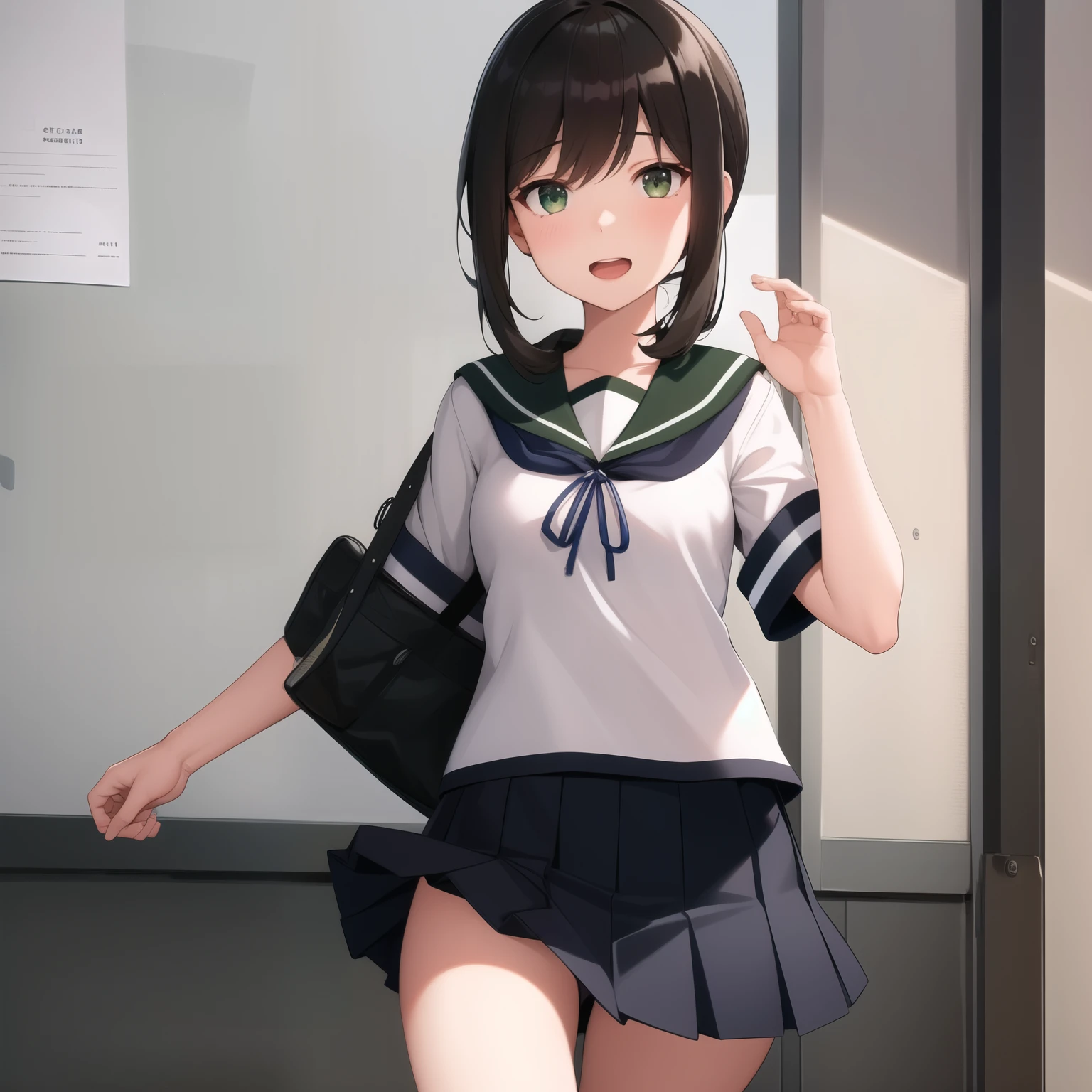 sad,surprised ,open mouth,studio,upper body,portlate,(masterpiece, best quality:1.2),illustration,8k,hd,1girl,solo,black_hair,short_ponytail,serafuku,sidelocks,low_ponytail,green_eyes,smile,black_eyes,school_uniform,pleated_skirt,skirt,