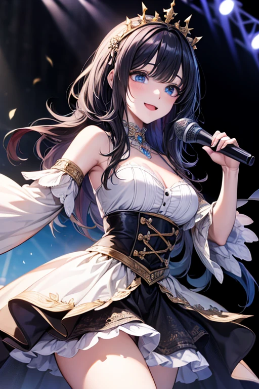 masterpiece, masterpiece_portrait, distinct, distinct_image, high_resolution, highres, high_quality_anime, high_quality, hyper_detail, finely_detailed,4K, YUJU, GFRIEND, KPOP , sexy body, ((black hair)), blue eyes, smile, happy, KPOP idol singer costume, Singing and dancing on a fancy broadcasting station stage, (((holding a white microphone in his hand)))