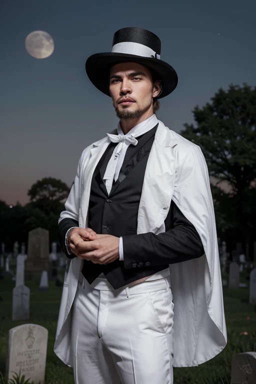 face photo, white man, model's body, serious face, black goatee, no shirt, black top hat with white ribbon, white cape, mysterious look, background, in a cemetery at night, with a full moon