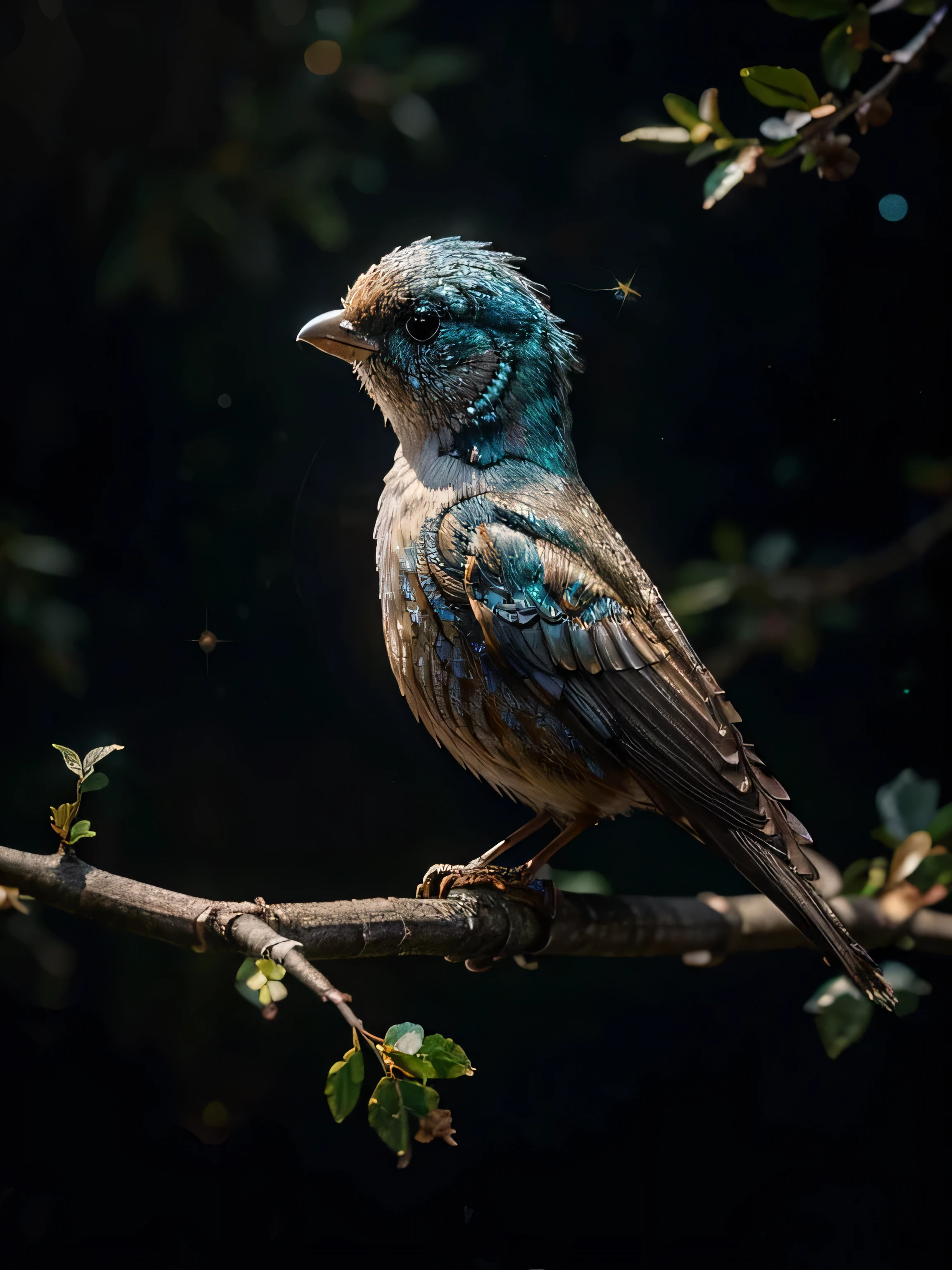 a small crystal bird perched on a tree branch, body not of fine feathers but of sparkling crystal. Small, shiny birds emit light reflections like crystals a beautiful and sparkling crystal bird with radiating aura, a magical fantasy bird