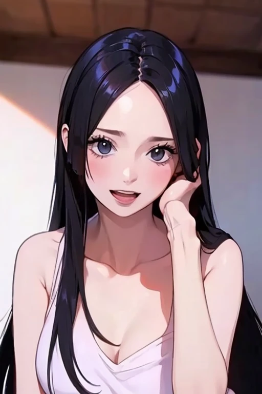 (((masterpiece))), (((best quality))), ((ultra-detailed)), (highly detailed CG illustration), Boa Hancock, , (masterpiece:1.5), Detailed Photo, Smiling, Sexy, (Best Quality: 1.4), (1girl), Beautiful Face, (Black Hair, long Hair: 1.3), Beautiful Hairstyle,  beautiful detail eyes, (realistic skin), beautiful skin, absurd, attractive, ultra high resolution, high definition, (sexually aroused:1.5), Pinkish white skin, cool white light, sexy pose, Beautiful , white background, pink soft white light, Wear a white dress
