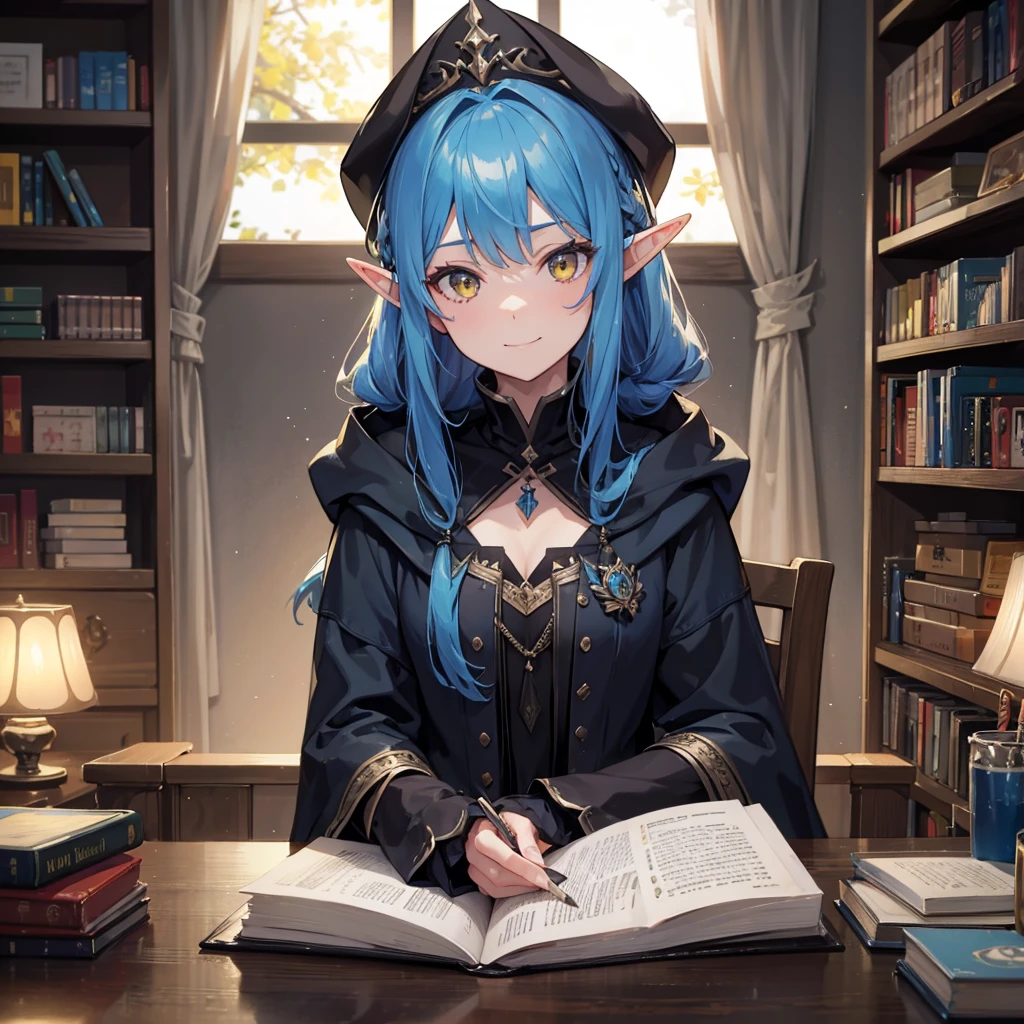 A sexy girl half-elf wizard, dark wizard robe, dark wizard hat, yellow eyes, bright blue hair colour, book shelf in background,8k, masterpiece, best quality, highly detailed, one girl, half-elf, solo, long straight hair, wearing necklace, gorgeous, friendly, smile,sexy, close ups view, wearing rings, looking at straight, alone, reading book,