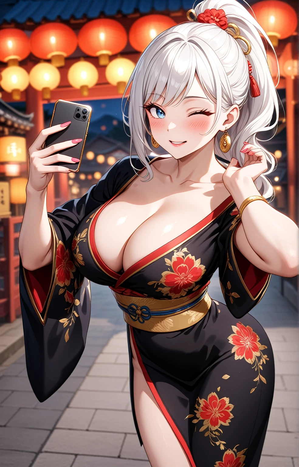 ((one personの女性)), Beautiful Face,Embarrassed and kind expression,Laugh embarrassedly,((Wink:2.0)),turn bright red,Glossy pink lips,night,Shrine festival sexpensives,firework, ((Anime style background)),masterpiece, highest quality, so beautiful, Latest, Complex details, (Pink long nails),AI-generated, Complex,High resolution, highest quality, super high quality,3D Images、View your viewers、3D Images,one person,Long white hair,High Ponytail,blue eyes,Anime woman posing for a photo, [[Fine grain、Colorful eyes、Shining Eyes:1.15]],(Squint your eyes:1.1),a hyperRealistic , hyperRealistic , Realistic,Long haired white hair anime woman, Smooth anime CG art, A woman in a colorful kimono with gold embroidery, (Black kimono),Red floral pattern,Long flower hair ornament,Big earrings,(Big Breasts:1.2),Mature Body,expensive,Big Ass,Fine details,Tight waist,Abdominal muscles,Shooting at an angle,(Take a selfie)