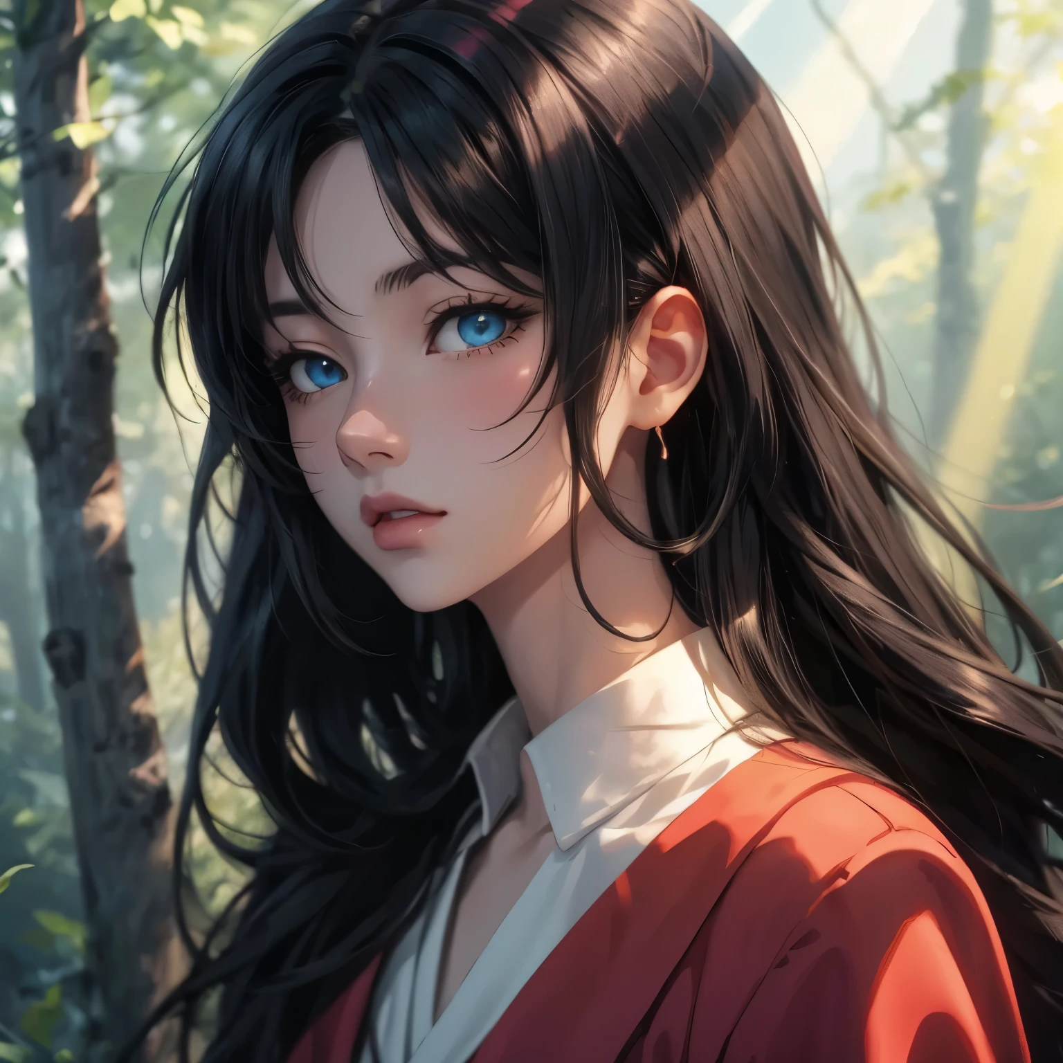 anime girl with black hair and blue eyes and a highlight in her hair, rainbow forest background, sunray,anime art wallpaper 8 k, detailed digital anime art, anime style 4 k, anime art wallpaper 4k, anime art wallpaper 4 k, trending on artstation pixiv, digital art on pixiv, 8k high quality detailed art, best anime 4k konachan wallpaper