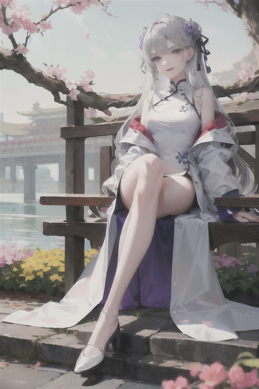 masterpiece, Excellent, daytime, outdoor, Falling Flowers, Branches, Chinese, China, 1 girl, Perfect Woman, woman with long silver hair, Gray blue eyes, Light pink lips, cold, Serious, boom, Purple Eyes, White clothes, Black clothing series, Delicate face, Delicate face, Sitting Legs, Smile