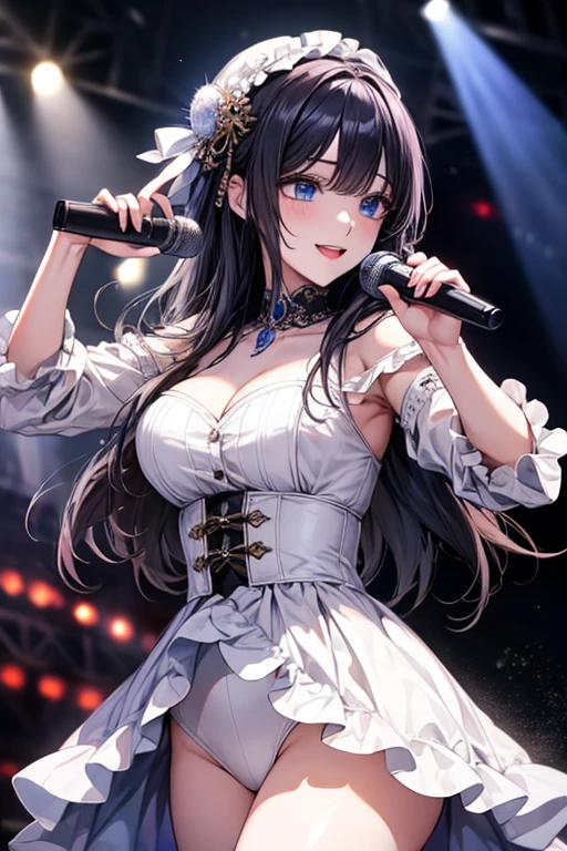 masterpiece, masterpiece_portrait, distinct, distinct_image, high_resolution, highres, high_quality_anime, high_quality, hyper_detail, finely_detailed,4K, YUJU, GFRIEND, KPOP , sexy body, ((black hair)), blue eyes, smile, happy, KPOP idol singer costume, Singing and dancing on a fancy broadcasting station stage, (((holding a white microphone in his hand)))