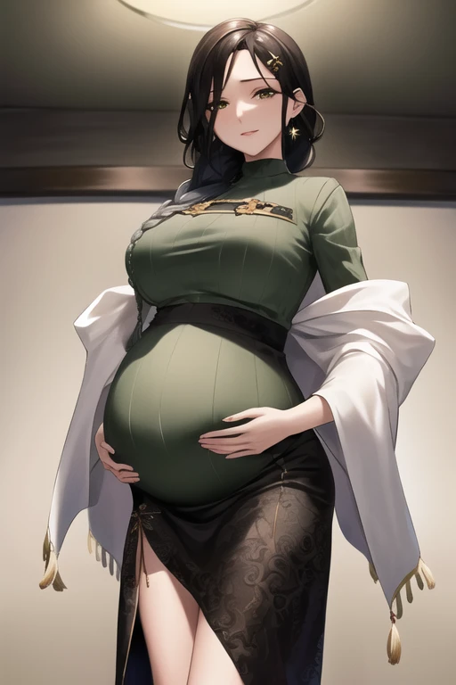 masterpiece, highest quality, High resolution, st1, Green Sweater, Braiding, hair ornaments, Black Skirt, （Big Breasts:1.5）, Long skirt, shawl , Cowboy Shot, Are standing,Pregnant women