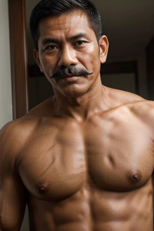 a 50 year old Indonesian man with a handsome face, mustache and muscles