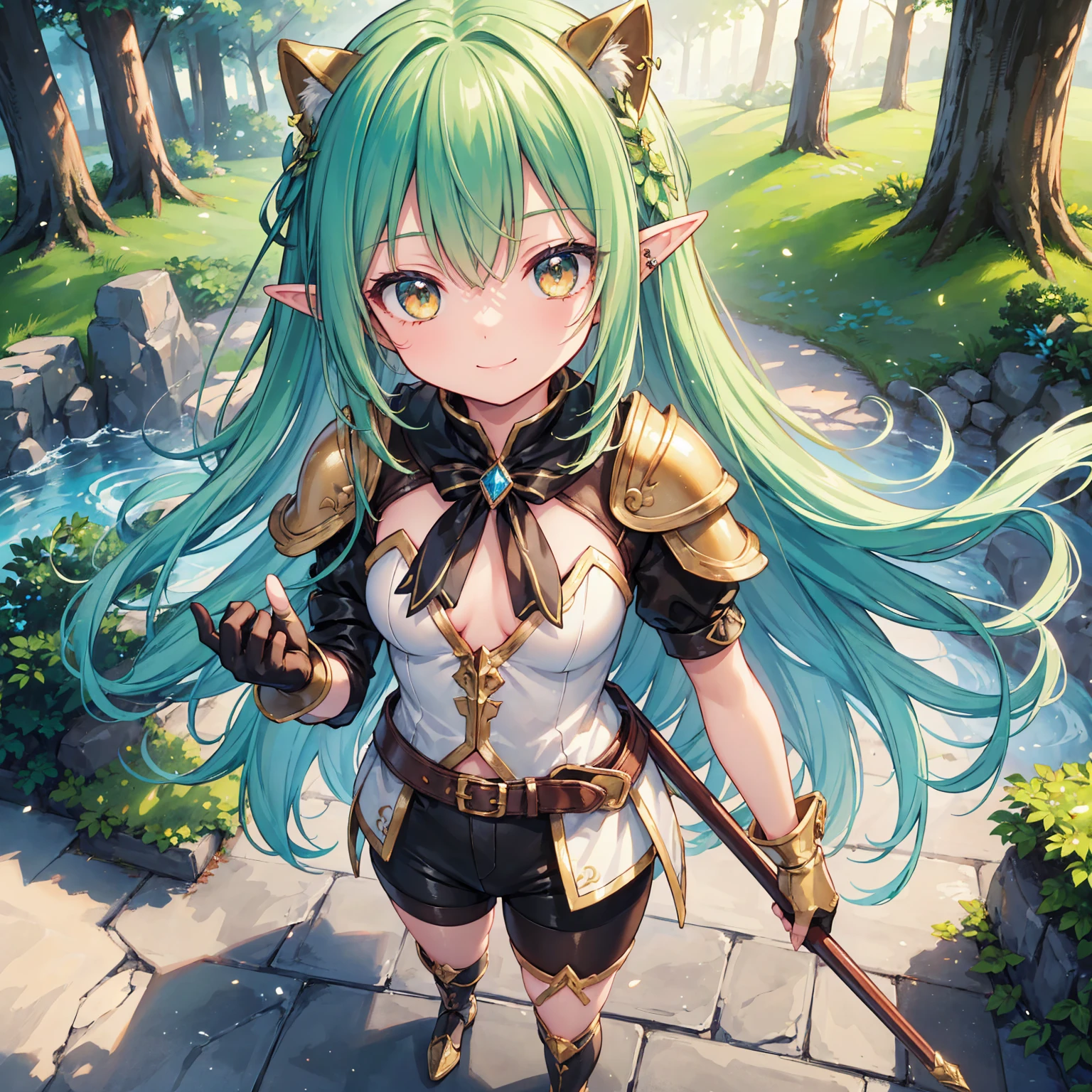 (((masterpiece))), (((highest quality))), ((Very detailed)), Very delicate light, finely fine grain and Detailed face, Detailed light, (Best Shadow), beautiful fine details, (Detailed body), Detailed face, (colorful), beautiful detailed hair,Detailed Background:1.3, Fantasy, (Particles of light), Has a large bow、(Ray Tracing:1.2), one personの女の子, (beautiful, fine grain:1.2), Hunter,cute、Green Hair、Small breasts、Golden Eyes、one person、Long Hair、(Full body portrait),(Are standing:1.3)、Elf、smile、Leather body armor、Side Tail、Shorts、Finger-piercing gloves