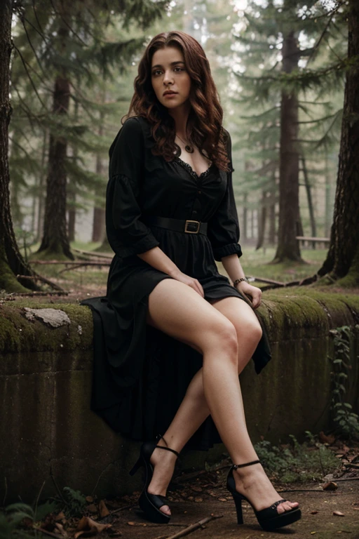 Margo Martindale, Delphine Duchannes, Teen Wolf, 40 years old, reddish brown hair with short light black curly messy locks, green eyes, black dress with rose print, black heels, fox pendant, black fox print. Forest background aura around black color.