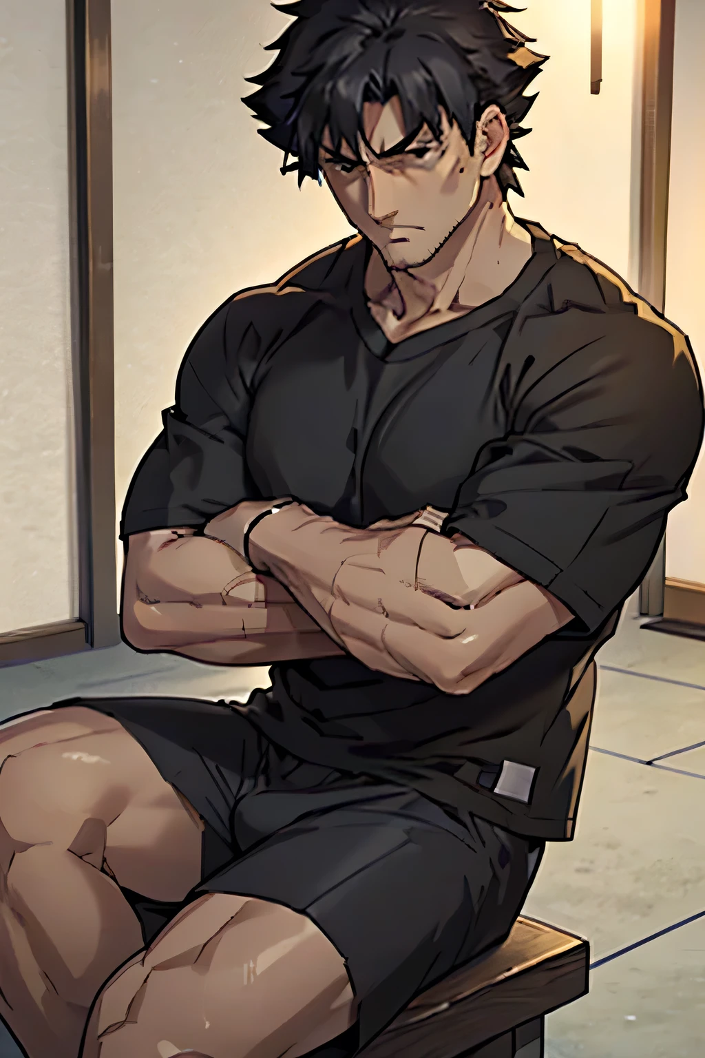 Kiritsugu is sitting and flexing his biceps. He wears black shorts. You can see his thighs. He looks stoic and serious. He has bulging veins on his arms. He wears a black tshirt with short sleeves. His sleeve is completely rolled up so you can see his entire arm and shoulder. He is showing his abs too.