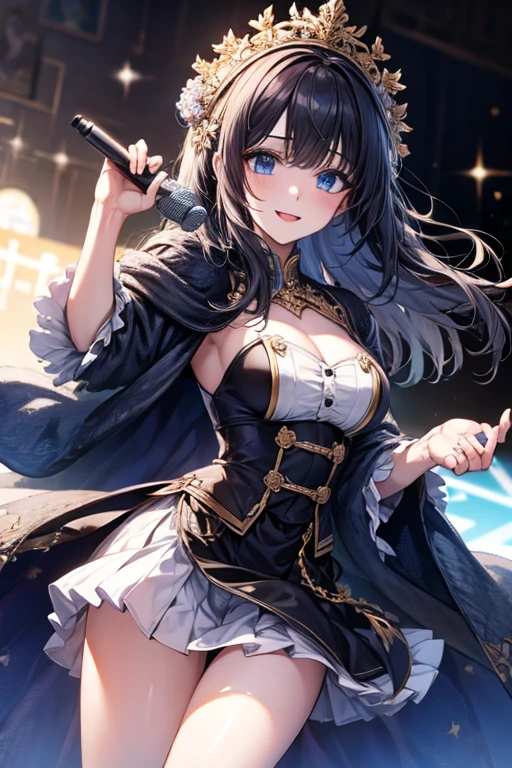 masterpiece, masterpiece_portrait, distinct, distinct_image, high_resolution, highres, high_quality_anime, high_quality, hyper_detail, finely_detailed,4K, YUJU, GFRIEND, KPOP , sexy body, ((black hair)), blue eyes, smile, happy, KPOP idol singer costume, Singing and dancing on a fancy broadcasting station stage, (((holding a white microphone in his hand)))