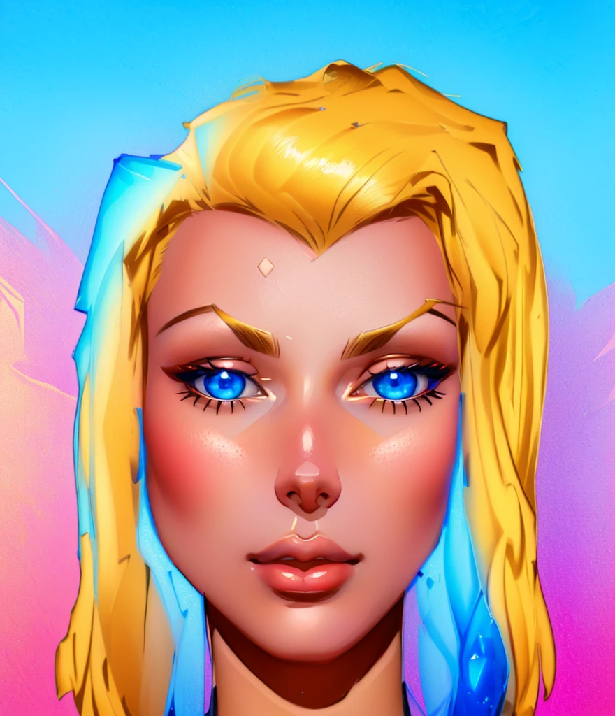 master piece, 8 k detail, beautiful girl with blue gem stones as her pupils. glossy lips, pretty face, blonde hair, blue sky.