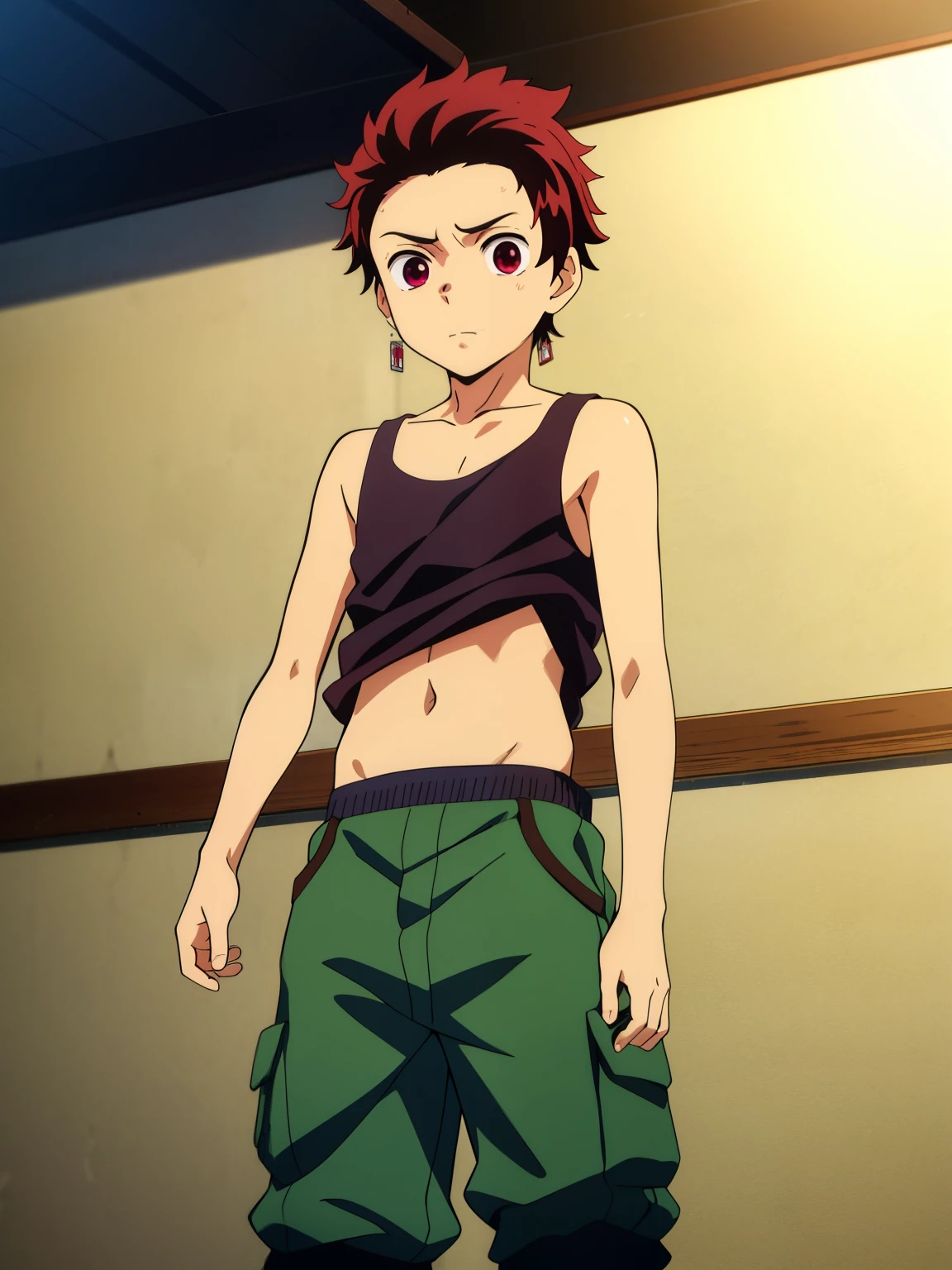 Highres, Masterpiece, Best quality at best,Best Quality,hight quality, hight detailed, Anime style, 1boy, Boy, Shota, Solo person, Tanjiro_kamado, Demon slayer, Earring, Tank top, Cargo pants, Mechanics, Oil stains, Summer day, Slim body, Body, Blurry beckground, Seen from the front, (very young boy), (very small and short body)