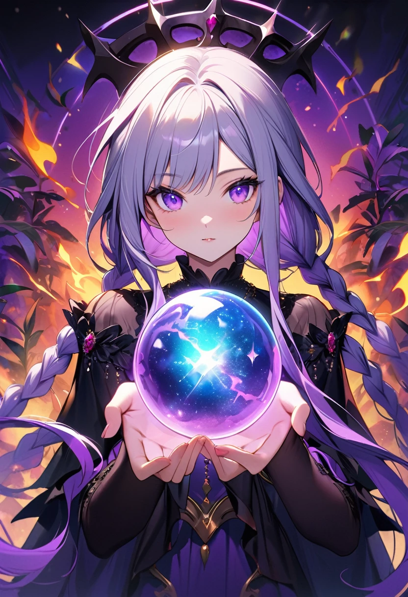 (The view behind the elegant foliage frame), (close up) Vampire Queen in noble clothes,yinji, (purple hair, purple eyes, long hair, white hair, double braids, gradient hair,(A magic ball), crown, (Black light poster art), Mysterious portal background, Bright colors, (Magic Flame)