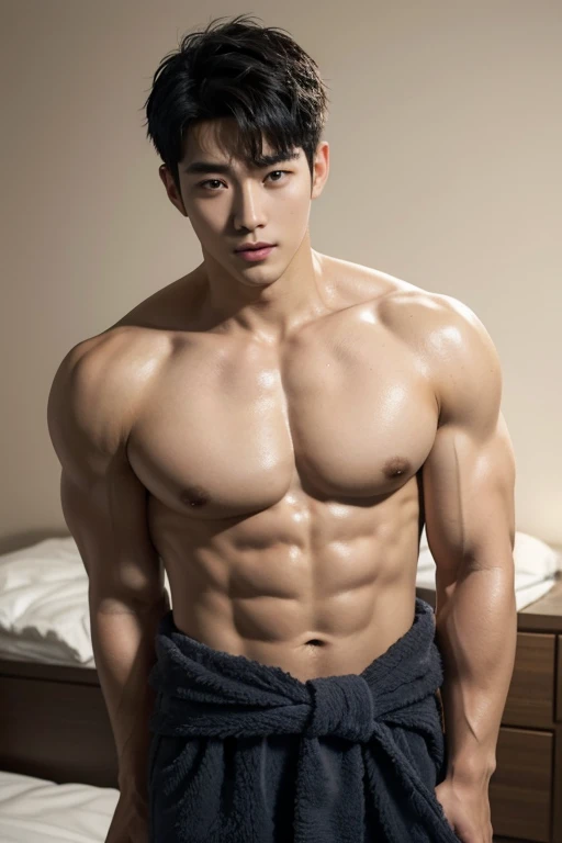 Solo, Korean Men, big muscular, wide shoulder, big triceps, Natural eyes, Short and delicate black hair, Sexy Man, shirtless, wet body, towel wrapped around the waist, bedroom background