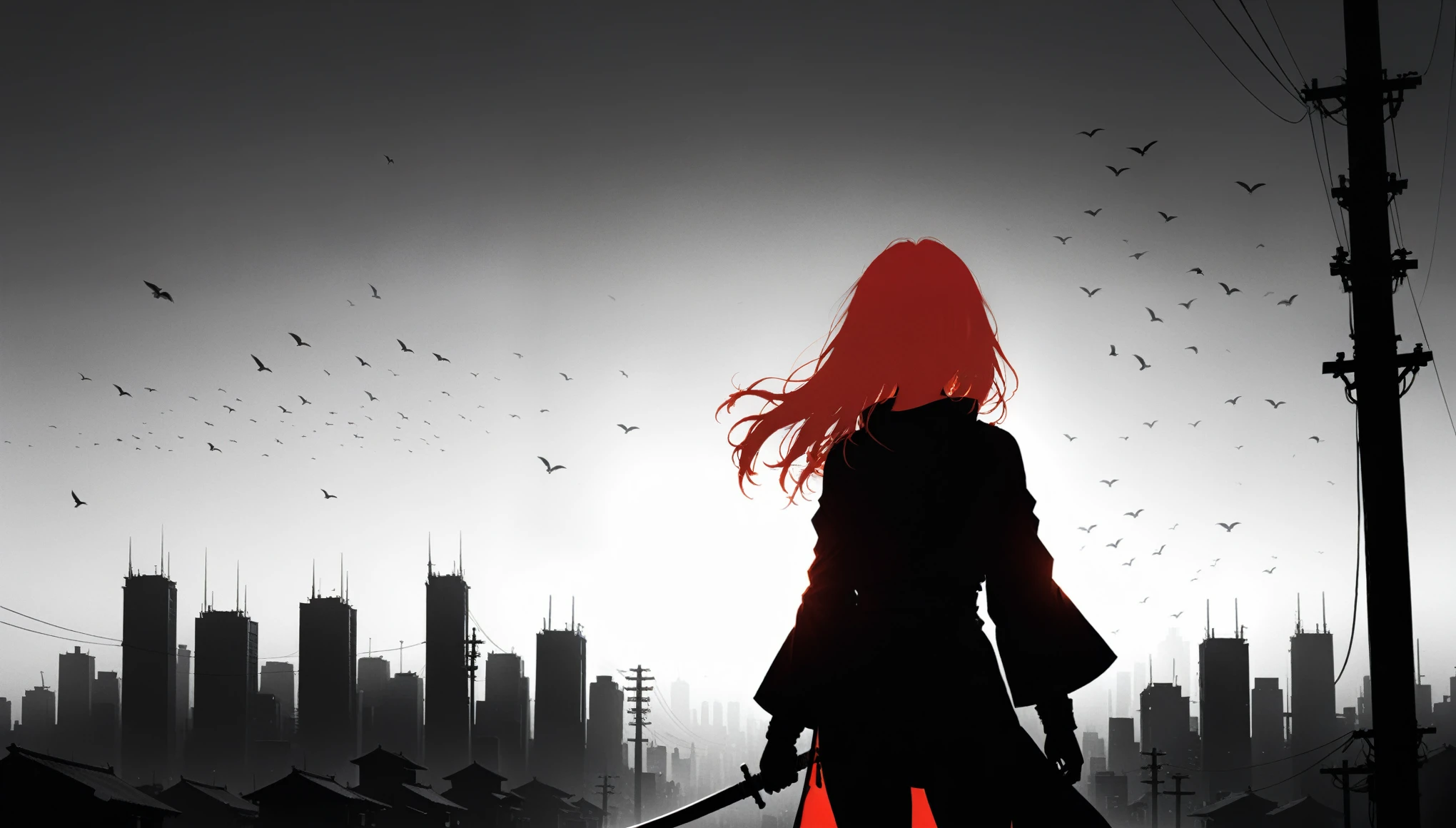 (in style of Ashley Wood:1.3),(in style of Takeshi Obata:0.9),
black and white urban skyline background,protruding utility poles,minimalist silhouette,red silhouette,black and white background,wide_shot,silhouette of a age girl on a telephone pole,(incredibly long hair fluttering in the wind:1.4),
BREAK
(/(a red silhouette:1.5)/ of a young girl:1.2),silhouette of japanese ninja costume,very long japanese sword silhouette,