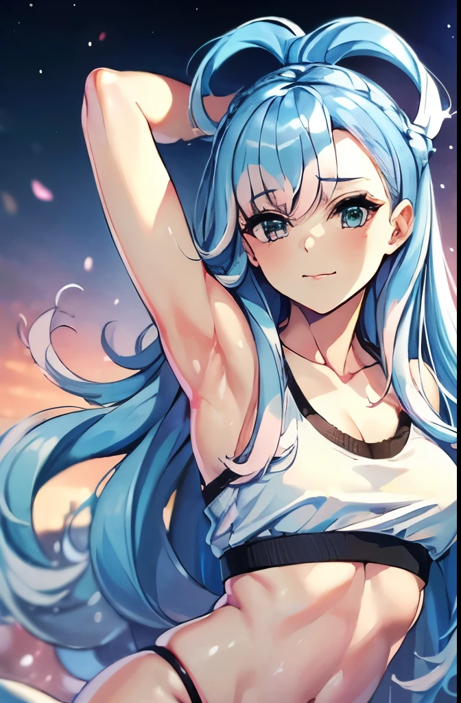 (((masterpiece))), (((best quality))), ((ultra-detailed)), (highly detailed CG illustration), Boa Hancock, (masterpiece:1.5), Detailed Photo, Sexy, (Best Quality: 1.4), (1girl), Beautiful Face, (Blue Hair, long Hair: 1.3), Beautiful Hairstyle, beautiful detail eyes, (realistic skin), beautiful skin, absurd, attractive, ultra high resolution, high definition, (sexually aroused:1.5), Pinkish white skin, cool white light, sexy pose, Beautiful , white background, pink soft white light, Wear a white tank top, (sexy pink armpit:1.3)