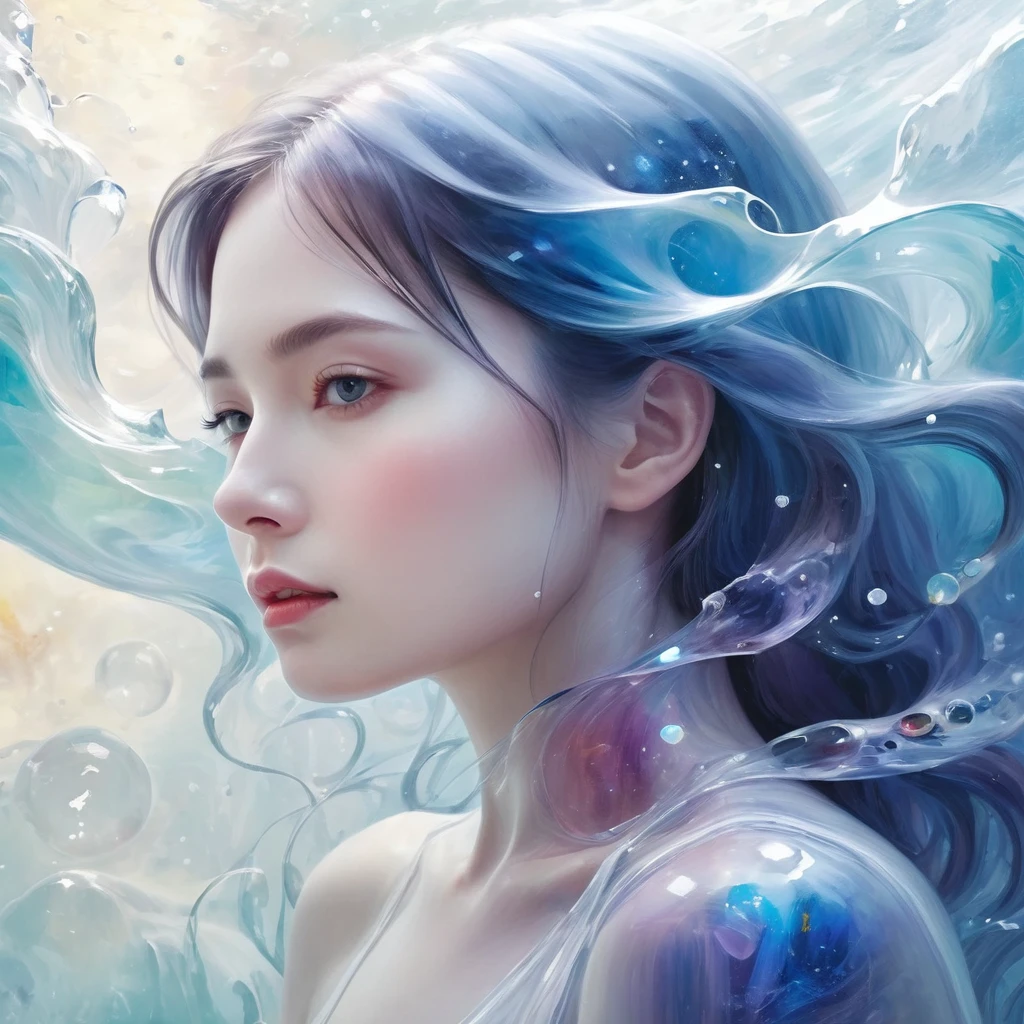 Painting of a beautiful young woman., Mysterious Waves at Night. 3D. White，Shallow. The beauty of the melting universe. Surrealism in Nebula Reflections. Glass texture，translucent，crystal