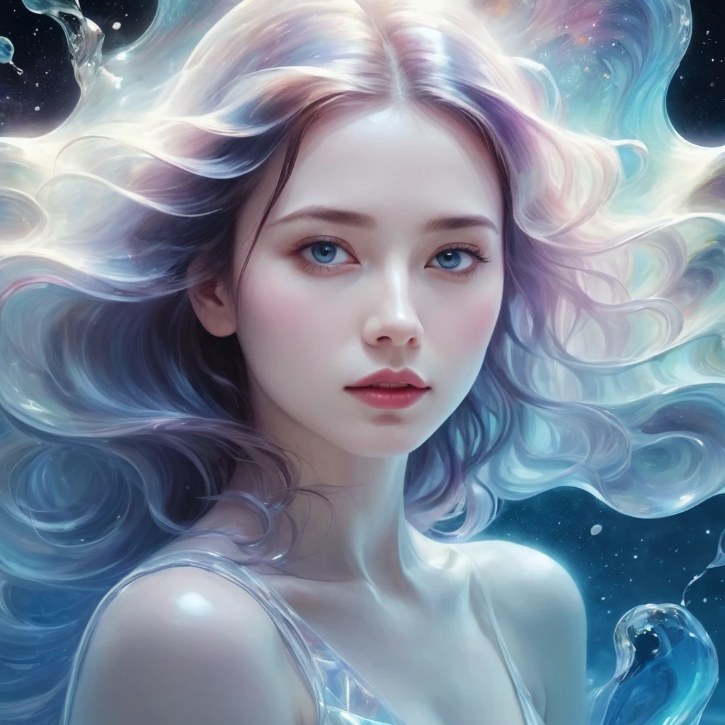 Painting of a beautiful young woman., Mysterious Waves at Night. 3D. White，Shallow. The beauty of the melting universe. Surrealism in Nebula Reflections. Glass texture，translucent，crystal