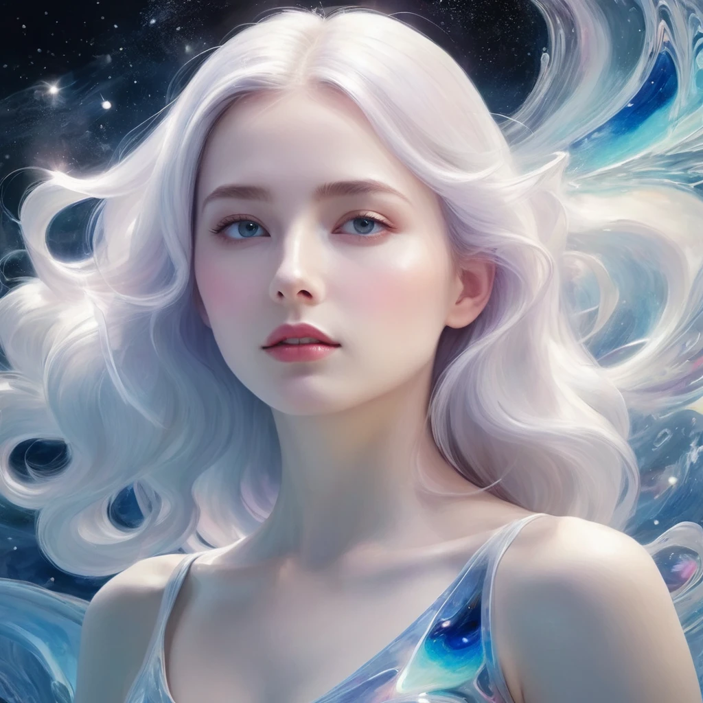 Painting of a beautiful young woman., Mysterious Waves at Night. 3D. White,Shallow. The beauty of the melting universe. Surrealism in Nebula Reflections. Glass texture,translucent,crystal