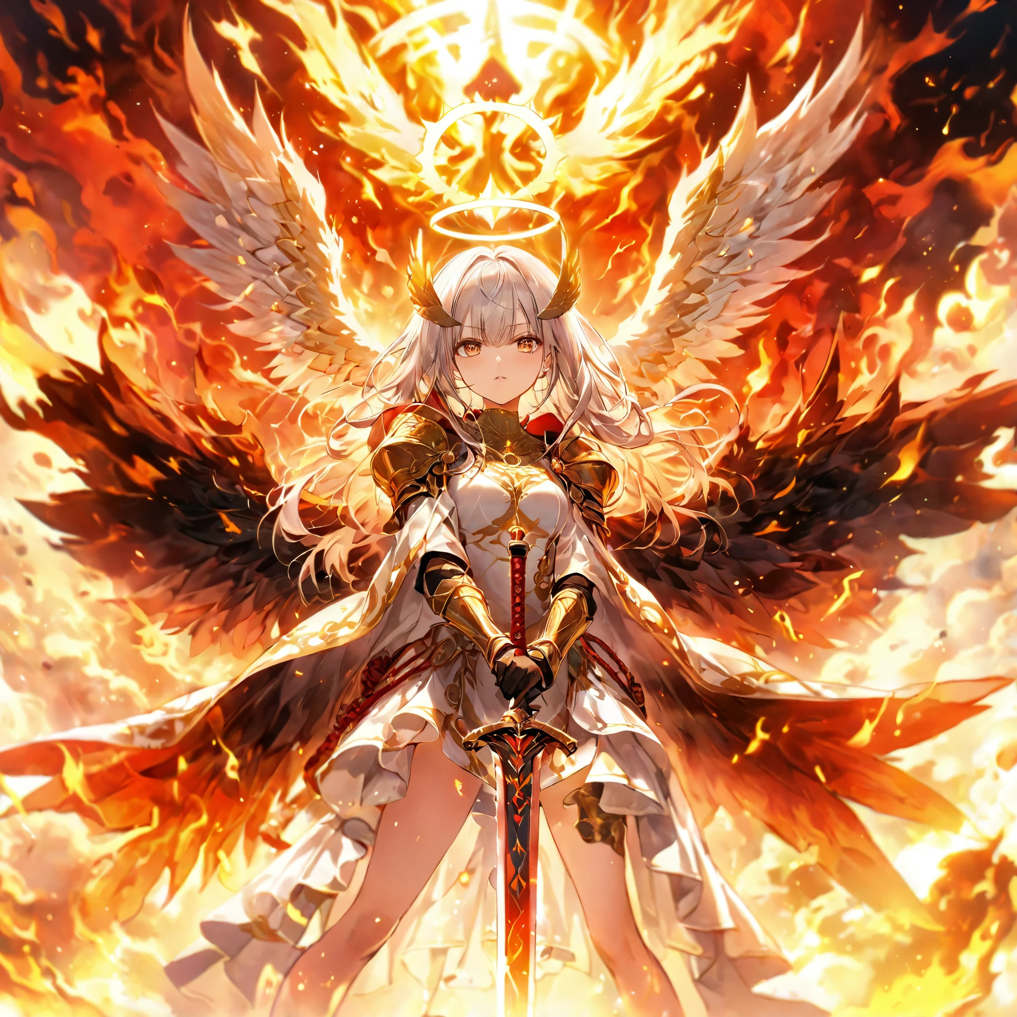 score_9, score_8_up, score_7_up, source_anime,masterpiece, best quality, high resolution, extremely detailed CG, absurdres, 1girl, A majestic angel girl stands by her six fiery wings spread wide behind her. She wears intricately detailed armor that glistens in the warm, golden light of a mystical landscape. Her dominant hand grasps the hilt of a gleaming sword, its blade etched with ancient runes. In a sweeping shot, emphasizing her regal presence and fiery aura, sworw of fire, red_sword, white_hair, long hair, fire arounded, ((halo)), ((6 wings)), glaring,, ((burning heaven,burning clouds)), Colorful portraits,Fire Element