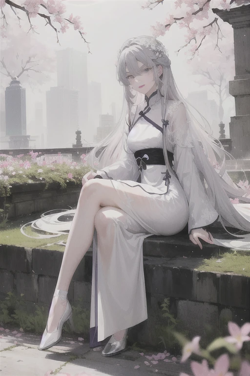 masterpiece, Excellent, daytime, outdoor, Falling Flowers, Branches, China人, China, 1 girl, Perfect Woman, Woman with long silver hair, Gray blue eyes, Light pink lips, cold, Serious, Prosperity, Purple Eyes, White clothes, black clothing series, Delicate face, Delicate face, Sitting Legs, Smile