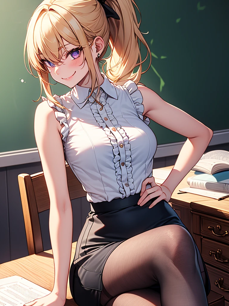 (highest quality, High resolution, perfect pixel, Depth of bounds written, 4K), upper body, (chair), (desk), (looking down), (detailed eyes), (1 lady), tall, (skinny body:1.2), (thin thighs:1.2), (Narrow hips:1.2), (teacher:1.2), (white sleeveless frilled shirt:1.2), middle breasts, blond hair, (ponytail:1.2), (black pencil skirt lift:1.4), (slit), (pantyhose:1.2), (purple panties under pantyhose), (sitting), (crossed legs), (arm behind head), (seductive smile), 