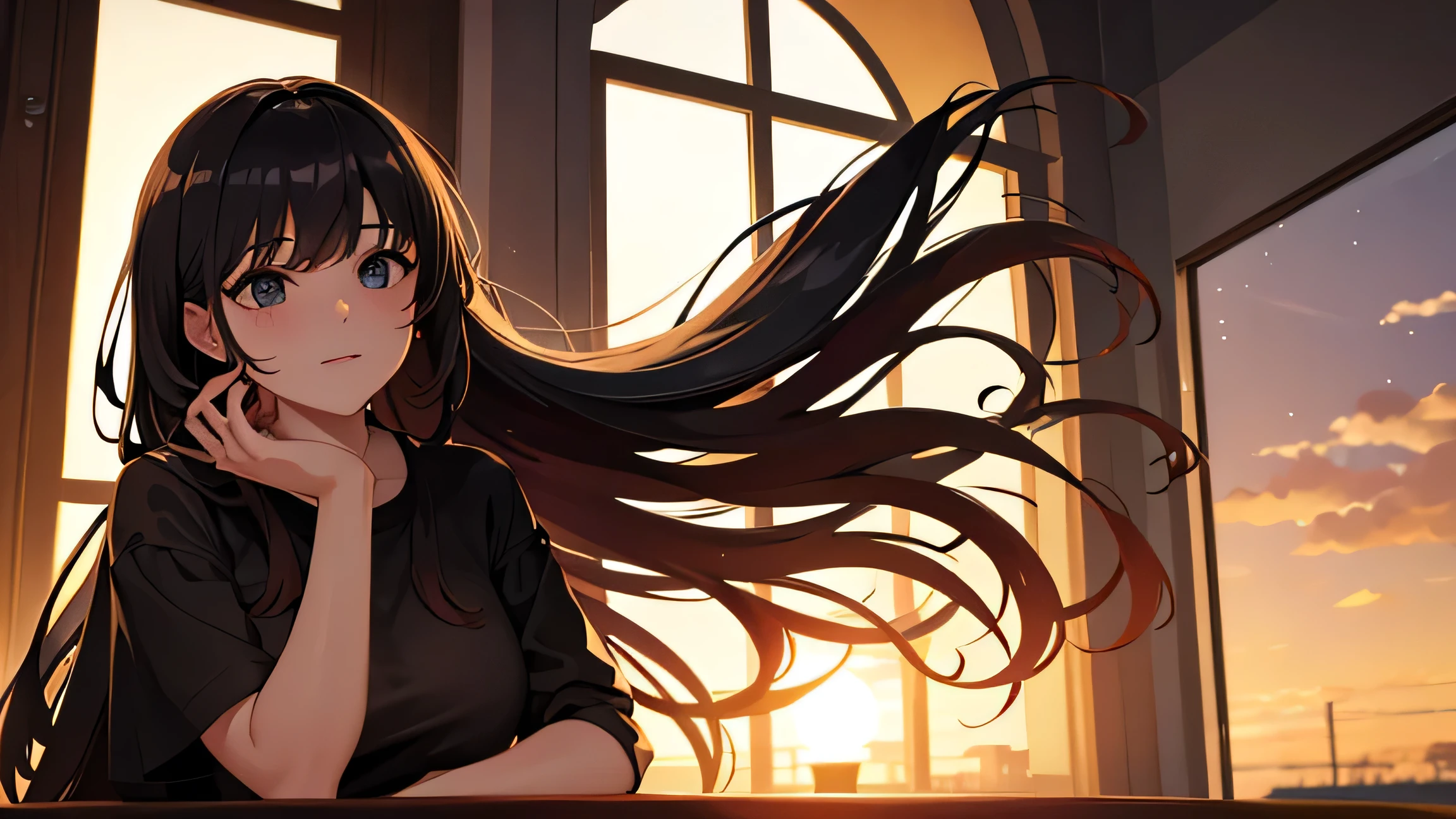 Please create a painting of a young woman sitting at a table in a room with the sunset streaming in through the window. Her hair is flowing in the wind.