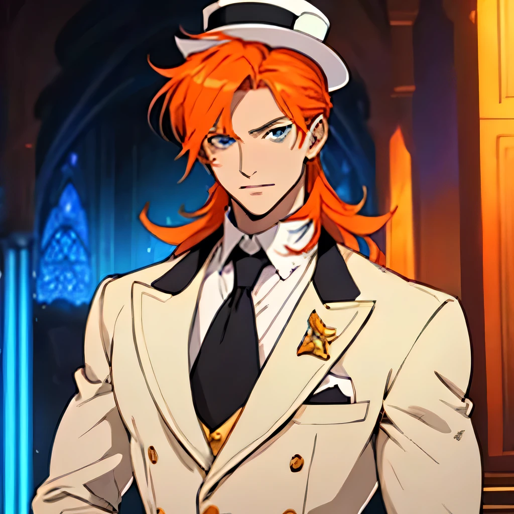  man, very tall, very thin, orange hair, light blue eyes, wears colorful suit, colorful top hat, blank expression, looking at the viewer