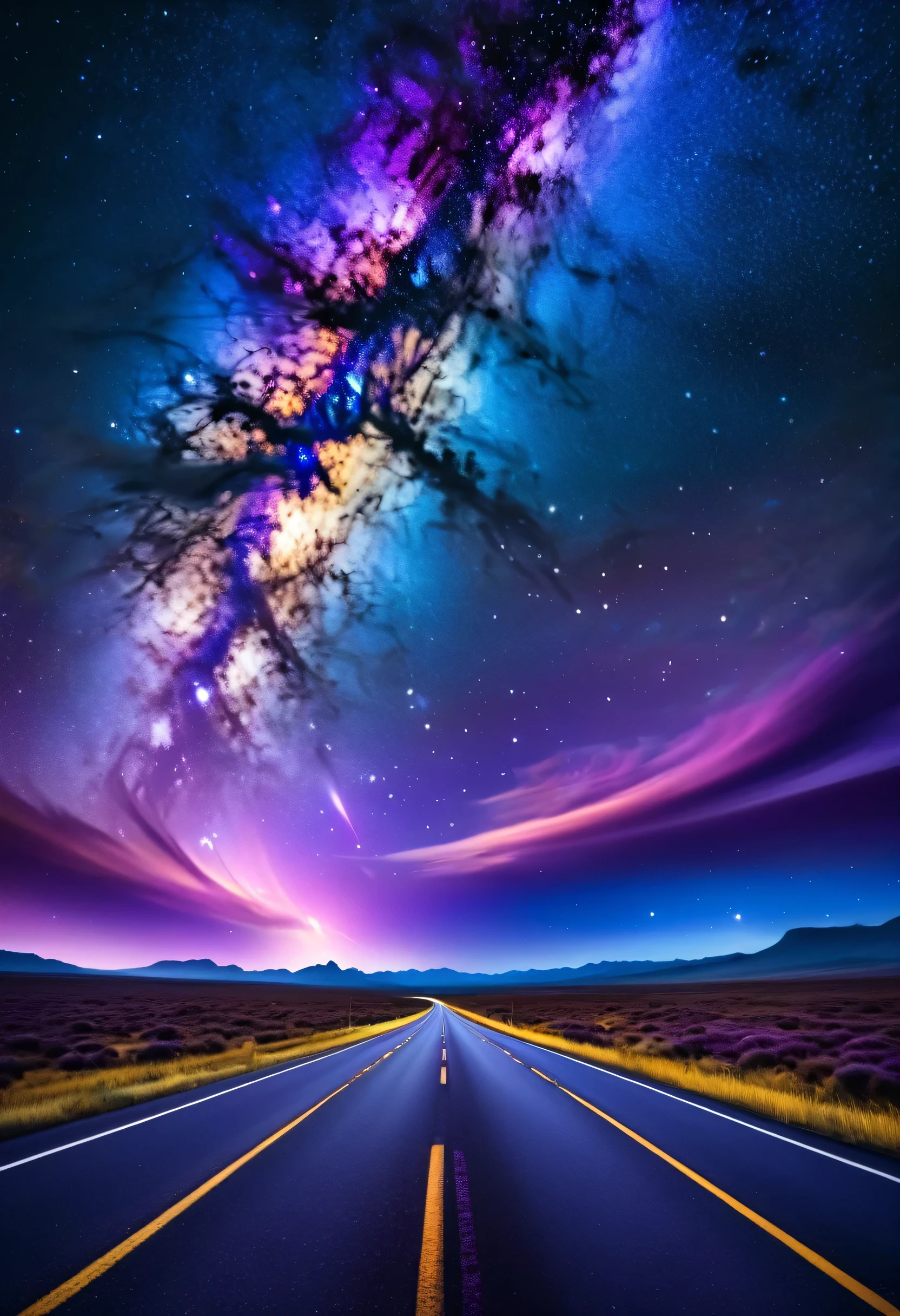 “A surreal scene featuring a highway extending into the distance under a sky filled with vibrant, swirling nebulae and stars. The night sky is illuminated with shades of purple, blue, and gold, creating a fantastical cosmic landscape above the road.”
