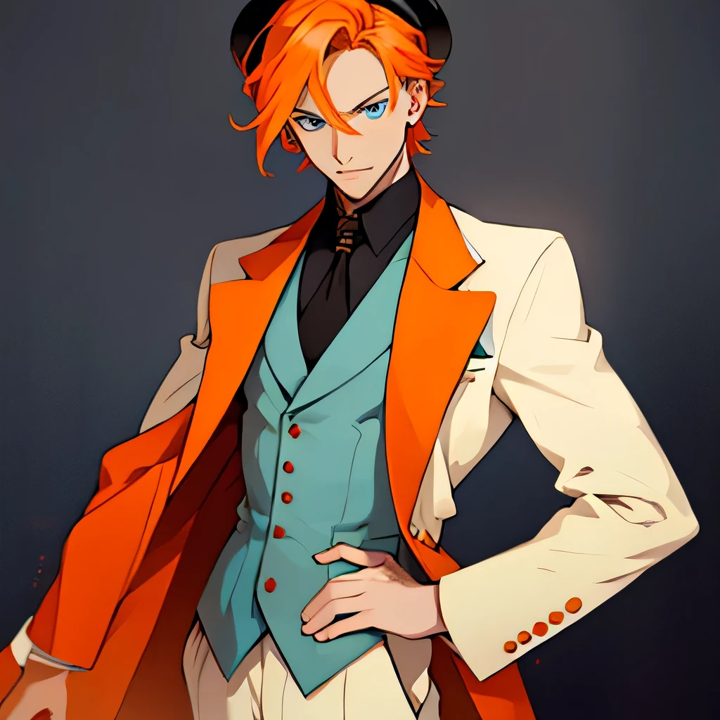 Young adult man, very tall, very thin, orange hair, light blue eyes, wears colorful suit, colorful top hat, blank expression, looking at the viewer