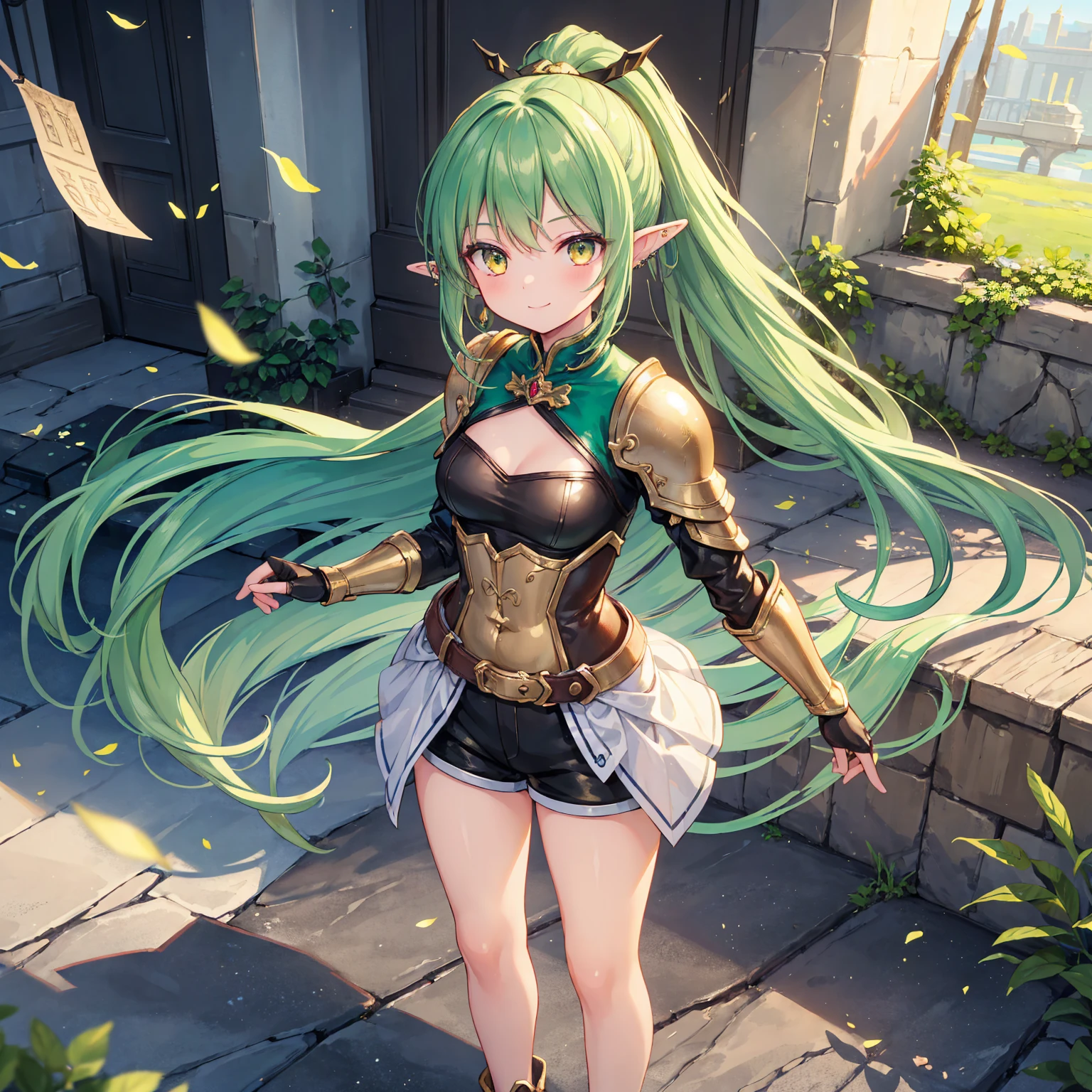 (((masterpiece))), (((highest quality))), ((Very detailed)), Very delicate light, finely fine grain and Detailed face, Detailed light, (Best Shadow), beautiful fine details, (Detailed body), Detailed face, (colorful), beautiful detailed hair,Detailed Background:1.3, Fantasy, (Particles of light), Has a large bow、(Ray Tracing:1.2), one personの女の子, (beautiful, fine grain:1.2), Hunter,cute、Green Hair、Small breasts、Golden Eyes、one person、Long Hair、(Full body portrait),(Are standing:1.3)、Elf、smile、Leather body armor、ponytail、Shorts、Finger-piercing gloves