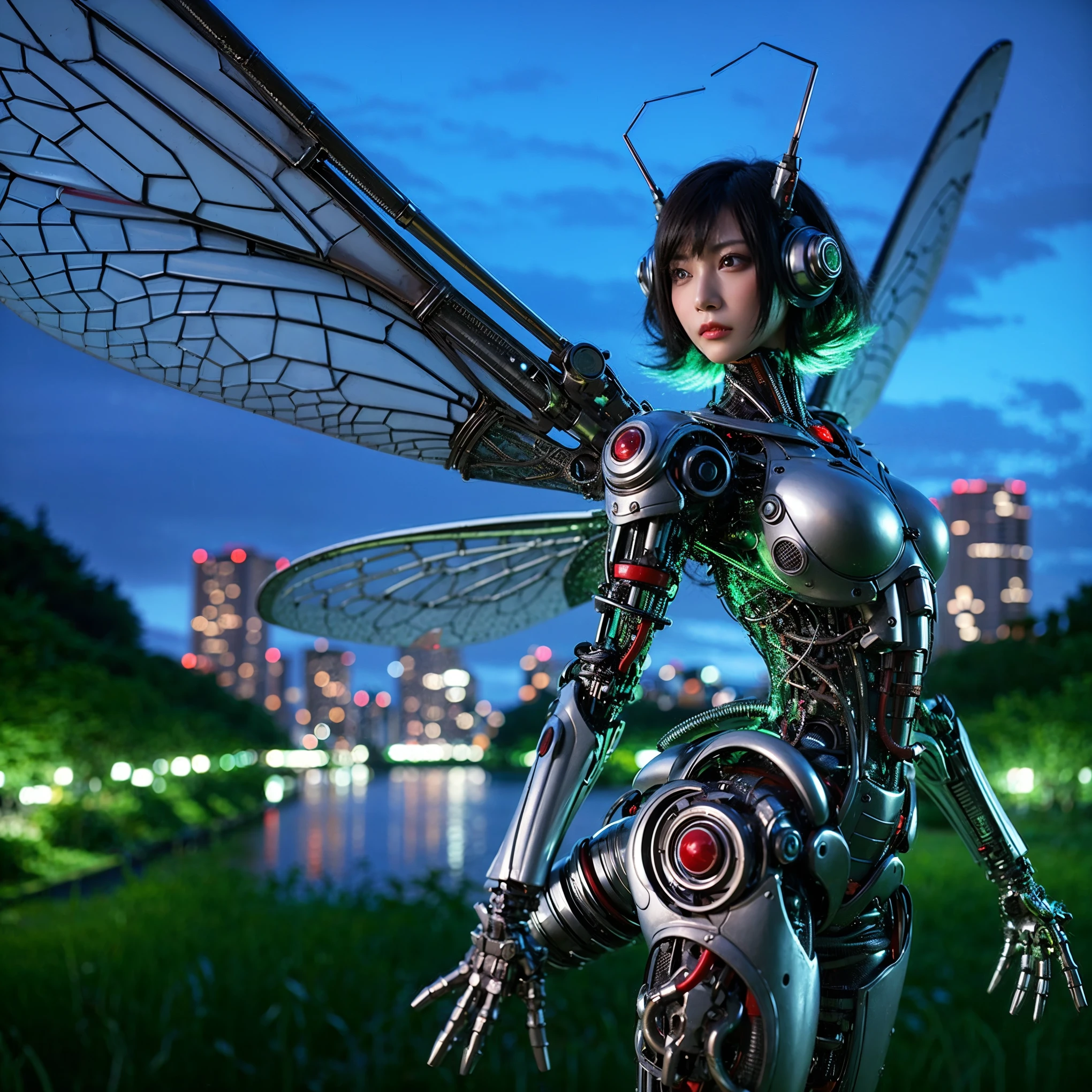 (Hyperréaliste,  la plus haute qualité, la plus haute qualité, Résolution 8k, masterpiece , photographie professionnelle, Des œuvres primées), Robe fine blanche＿skinhead＿grandes ailes de papillon_cyborg femelle_Fée, mecha, Dans la foret, capturé avec un appareil photo Arriflex 35BL utilisant des objectifs Canon K25, Cinématique, Éclairage dramatique, Extrêmement clair, masterpiece surréaliste à couper le souffle, ((SFW))