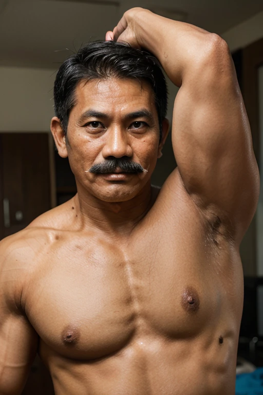 a 50 year old Indonesian man with a handsome face, mustache and muscles