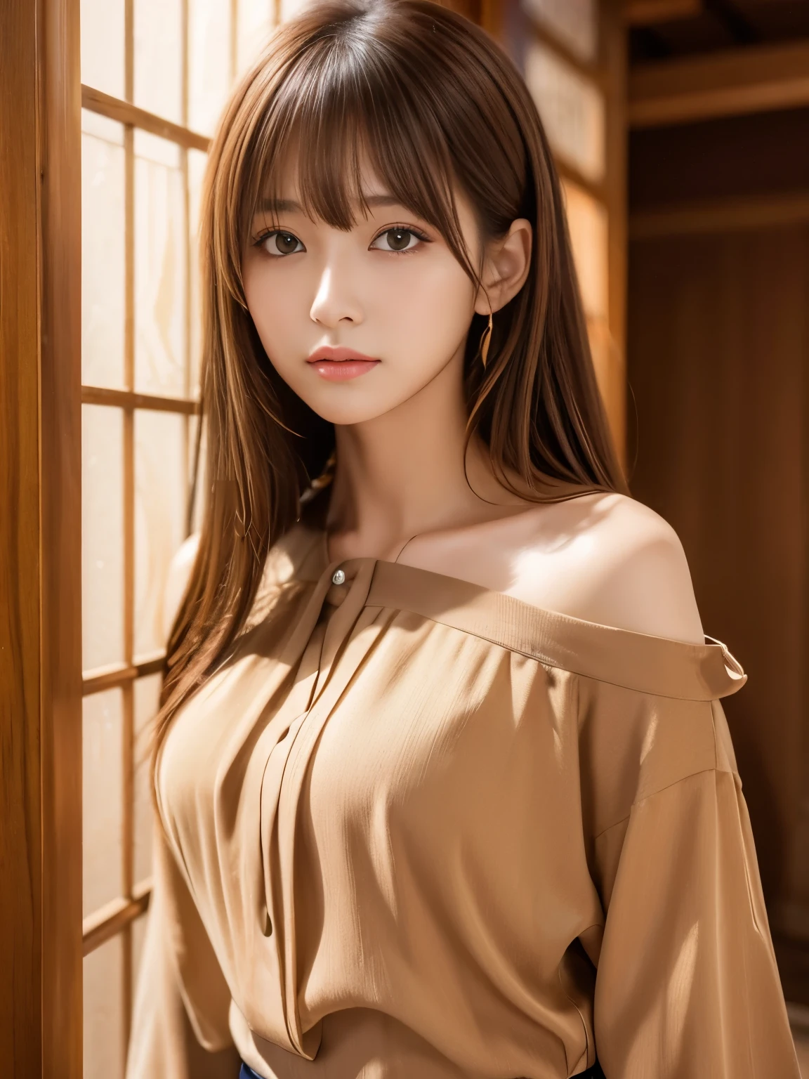 Ultra High Definition, Superior Quality, Premier Quality, ultra detailed, Photorealistic, 8k, RAW Photos, highest quality, masterpiece, Attractive girl, Stunning girl, Brown Hair, Shoulder Length Layered, asymmetrical bangs, Japanese Idol, Sophisticated, Stylish, blouse,