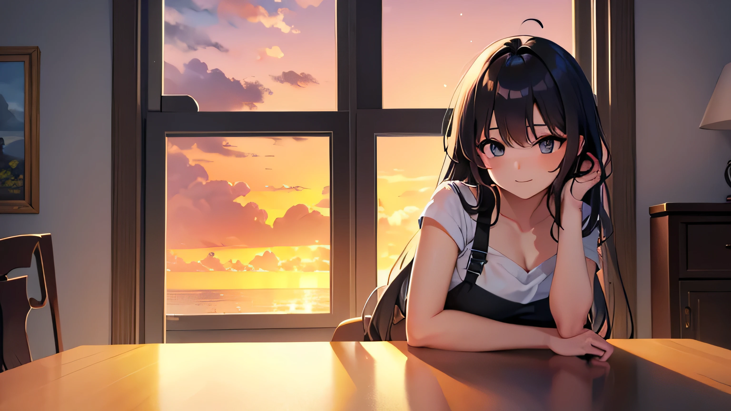 Please create a painting of a young woman sitting at a table in a room with the sunset streaming in through the window. Her hair is flowing in the wind.