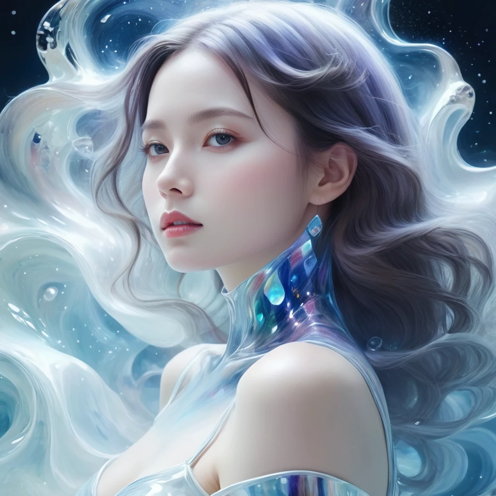 Painting of a beautiful young woman., Mysterious Waves at Night. 3D. White,Shallow. The beauty of the melting universe. Surrealism in Nebula Reflections. Glass texture,translucent,crystal,whole body,
