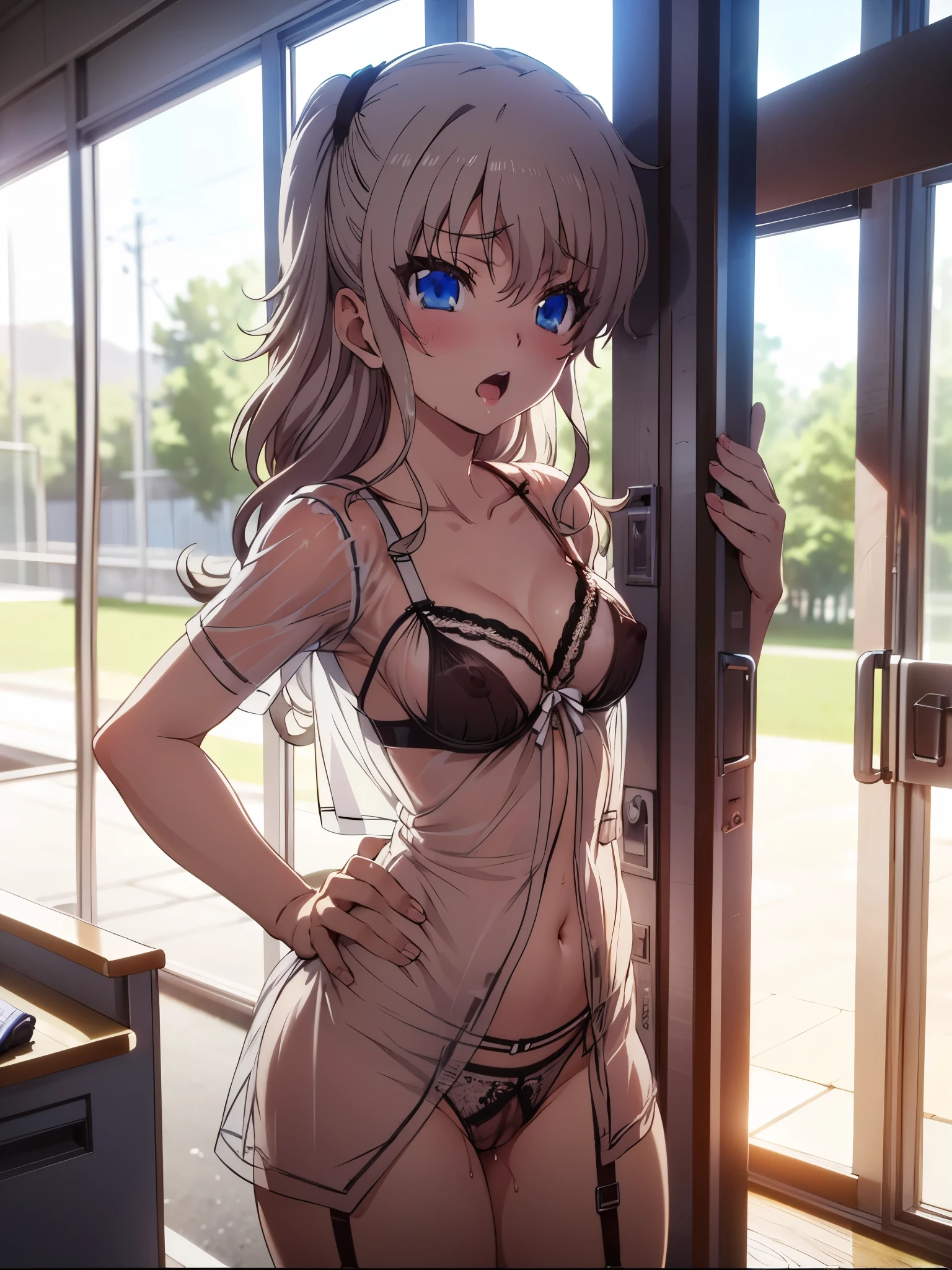 NSFW,nao tomori,(Sexy see-through lingerie:1.5),(Perfect hands),(Perfect Anatomy),(masterpiece),(highest quality),Embarrassed,blush,School,locker room