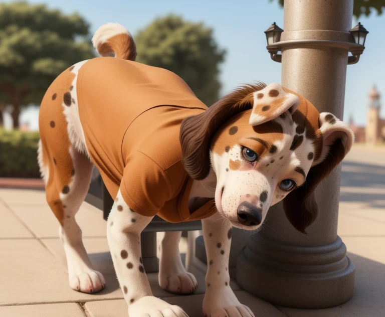 ((Woman wearing a shirt outside on the side walking on hands and knees)), ((walking on all four paws)), ((long dog tail)), ((wider hips)), ((woman reposition herself into dog stand)), ((hands turns into paws)), ((feet turns into paws)), detailed dog fur, ((woman with freckles)), brown freckles,(cute freckles), (small freckles), freckled, freckles!!!, (freckles), elegant freckles, (brown freckles), (with freckles), freckles on chicks, (dark noticeable freckles), (freckled face), (very brown freckles), (a lot of freckles), Lentigines, 30 year old woman, ((freckled nose)), ((freckled chest)), ((dog ears)), (dog fur growing), ((long dog nose)), blue eyes,  ((body reshapes into dog body)), ((anthro dog)), a dalmatian dog standing on a sidewalk, by Pixar, photorealism, zoomed out portrait of a duke, high quality character design, disney remake (2021), casually dressed