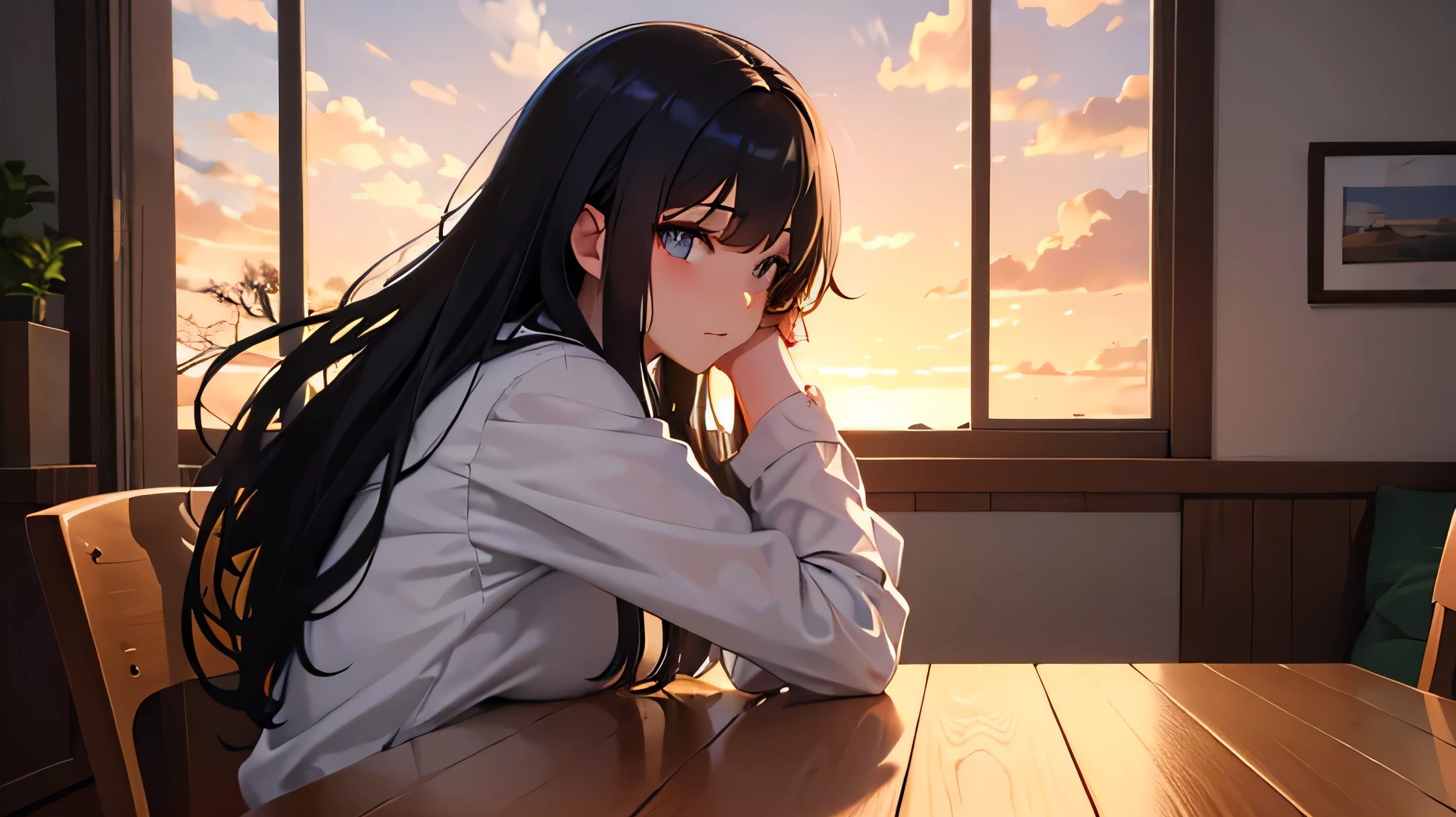 Please create a painting of a young woman sitting at a table in a room with the sunset streaming in through the window. Her hair is flowing in the wind.