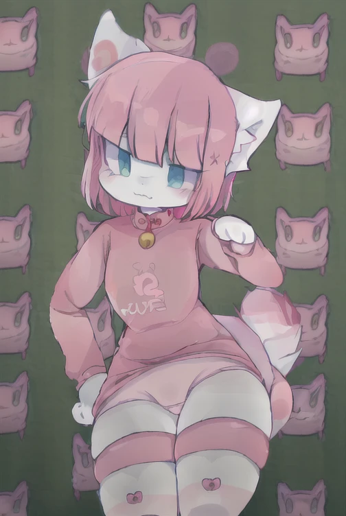 Anime boy with pink shirt and white crotch, und eine rosa Katze, fursona!!!!, female furry mini Niedlich style, Niedlich anime catboy, pelzige Fursona, Pelzige Kunst!!!, Holo is a wolf girl, pelzige Furaffinität, fursona art, Nyaruko-san, weibliche Fursona, nekomimi, Anime-Catboy, Fursona-Auftrag, Allein, dick_Schenkel, white outline, Niedlich, shy, Allein, freier bauch, freie Oberschenkel, round hips, pink fluffy stockings