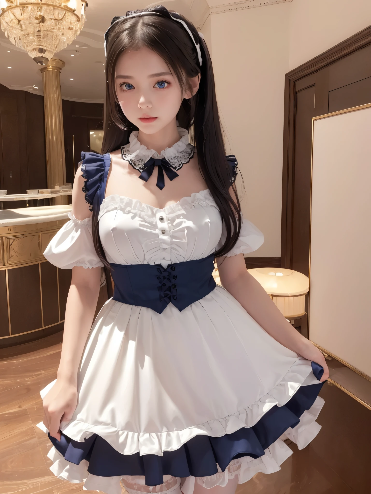 ((masterpiece)), ((highest quality、Ultra high definition)), (Very detailed),8K、(Photo quality)、(((Amazingly cute girl))), , (Beautiful sapphire blue eyes), White skin、Glossy lips、In the spacious lobby of a huge, ultra-luxurious resort hotel, Beautifully arranged black hair in twin tails、Lace fabric ribbon、whole body、(Slim figure)、((Super high-end white see-through summer gothic lolita maid costA super mini skirt with lots of frills))、Professional Lighting、(White lace knee-highore detailed and beautiful)、(More details and cutenesore realistic)、(((Ultimate cuteness in every way)))、