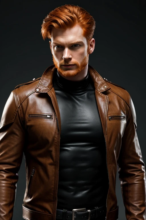 cyberguy, with ginger hair, big guns, leather jacket