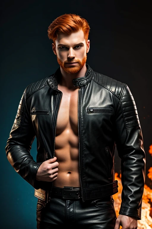 cyberguy, with ginger hair, big guns, leather jacket