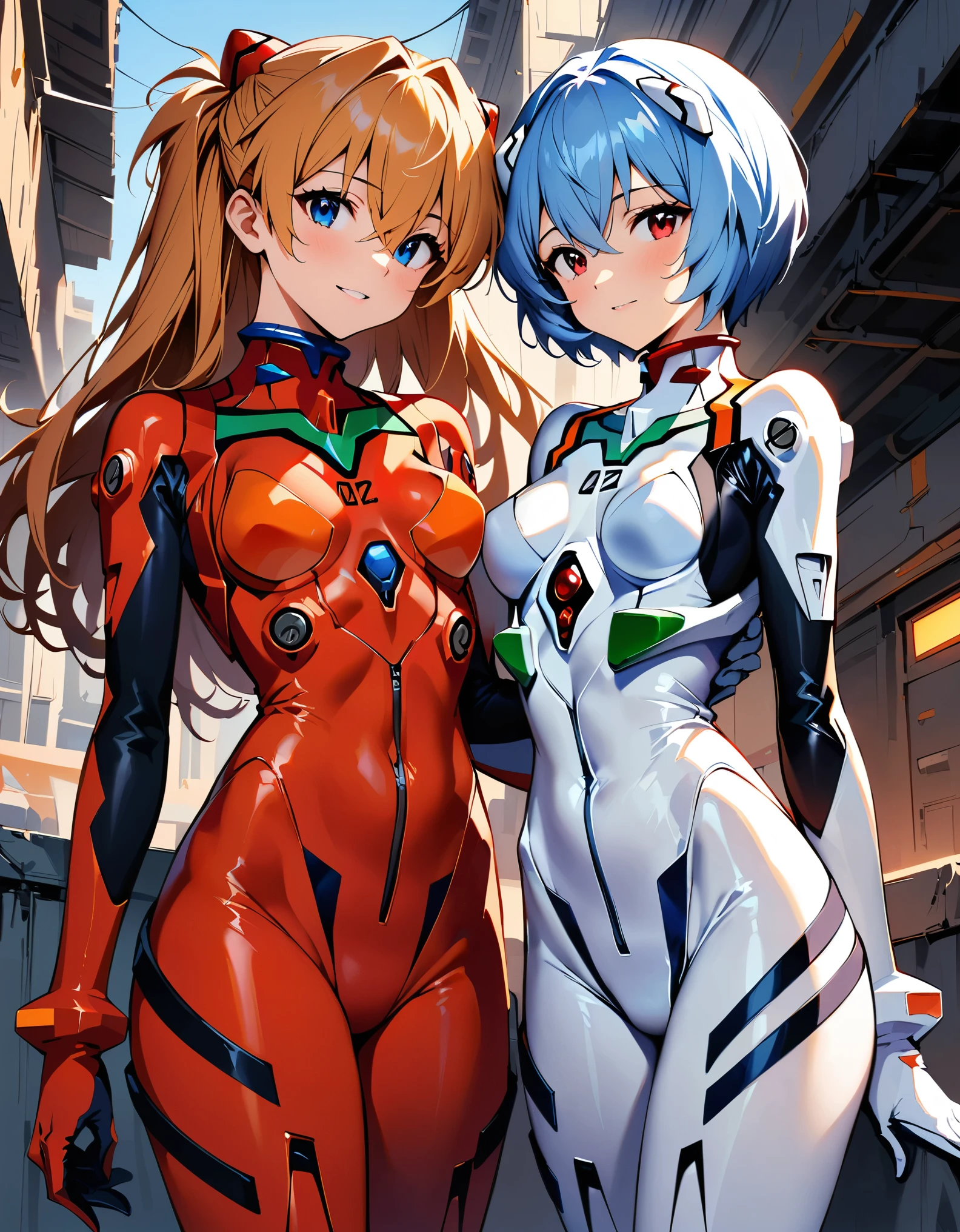 (highest quality:1.2, Very detailed, Latest, Vibrant, Super Detail, Ultra-high resolution, High Contrast, masterpiece:1.2, highest quality, Best aesthetics), Two people, (2 women), Two women posing side by side, Woman on the right:Ayanami Rei,white bodysuit,red eyes,pilot suit,short hair,blue hair,bangs,interface headset,turtleneck,hair between eyes, Woman on the left:souryuu asuka langley, neon genesis evangelion, rebuild of evangelion, plugsuit, pilot suit, red bodysuit,, Dynamic Angle, Random Pause, Cowboy Shot,